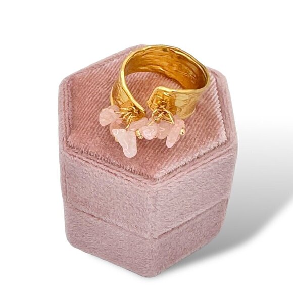 NWT Wide Band Ring 18K Gold Plated Rose Quartz Beads Open Adjustable Size - Picture 5 of 8